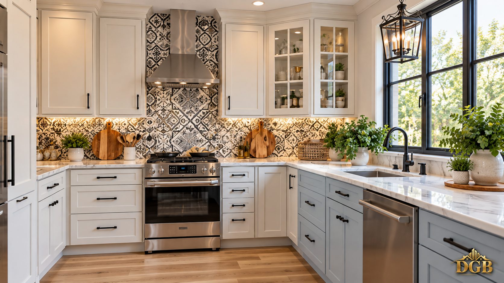 Kitchen with white shaker cabinets and patterned tile backsplash