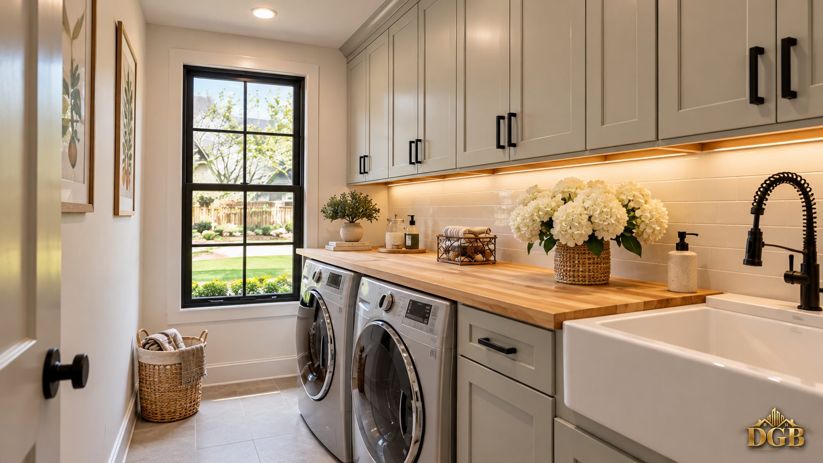 Laundry room with butcher-block counter and farmhouse sink