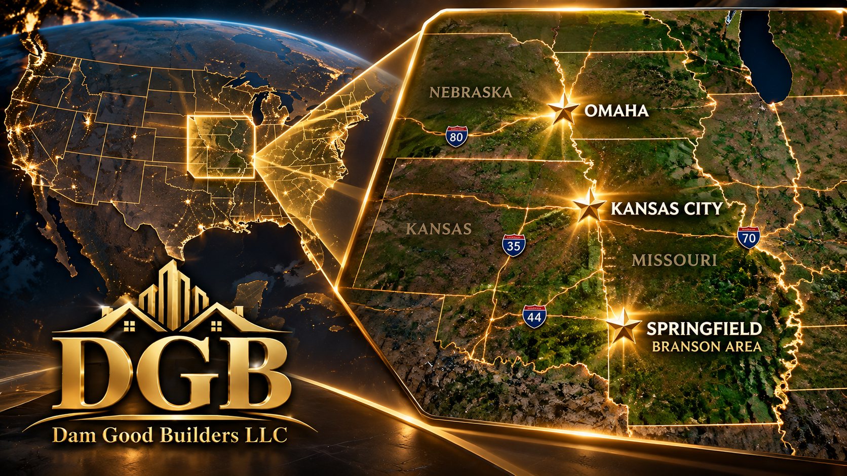 Map of the United States zooming into the Midwest, with stars on Omaha, Kansas City and Springfield–Branson