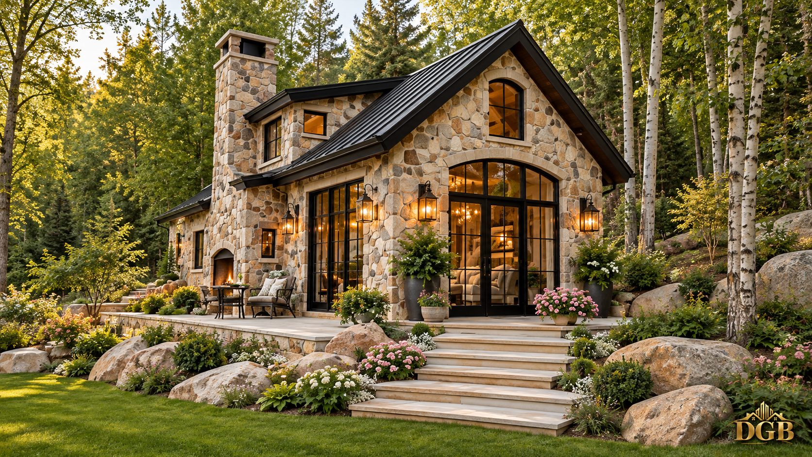 Fieldstone mini mansion with a black metal roof in a birch woods